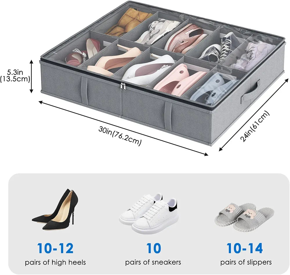 Under Bed Shoe Organizer Bag Hard Solid Fabric With Clear Plastic Zip Cover