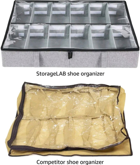 Under Bed Shoe Organizer Bag Hard Solid Fabric With Clear Plastic Zip Cover