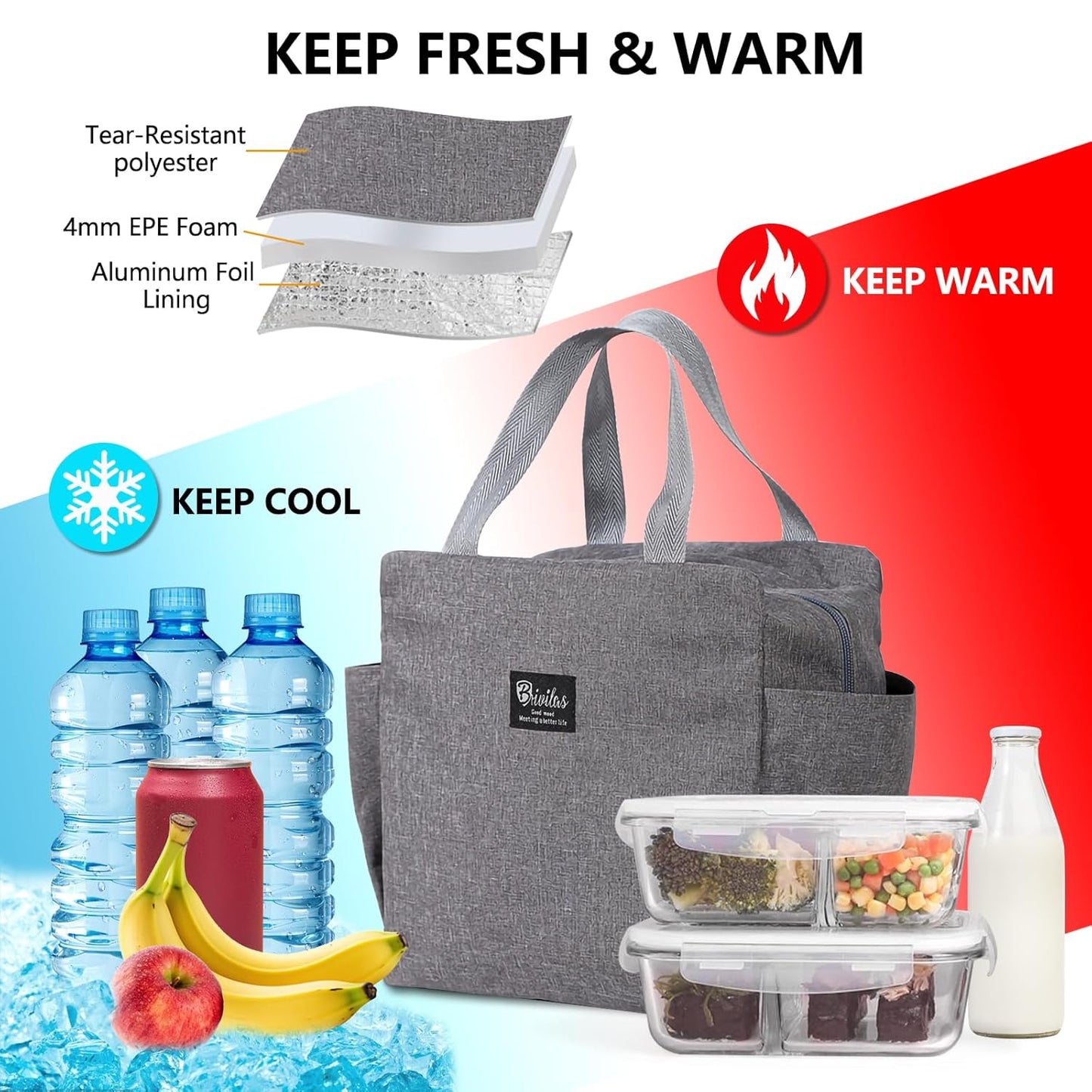Insulated Lunch Bag for Women & Men – Portable Thermal Cooler Bag for Work, Office & Travel (Grey)"