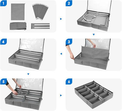 Under Bed Shoe Organizer Bag Hard Solid Fabric With Clear Plastic Zip Cover