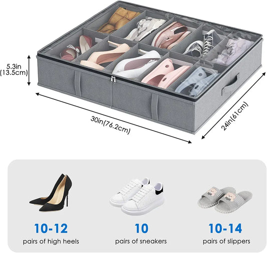 Under Bed Shoe Organizer Bag Hard Solid Fabric With Clear Plastic Zip Cover