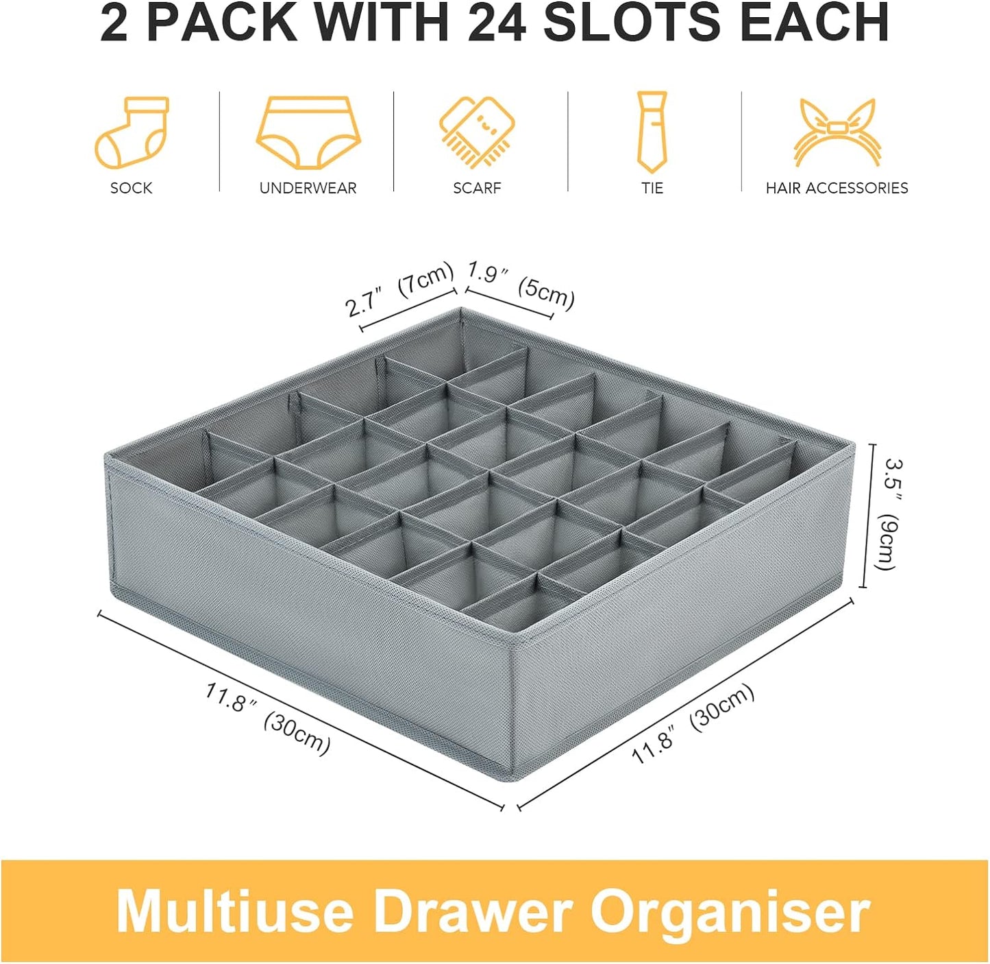 Underwear and Socks Organizer White Box Pair- Zipper Closet Drawer Divider 24 Cells, Storage Box for Socks Underwear