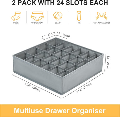 Underwear and Socks Organizer White Box Pair- Zipper Closet Drawer Divider 24 Cells, Storage Box for Socks Underwear