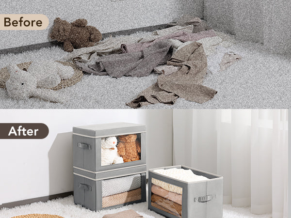 Large Storage Bins with Lids - Fabric Storage Cubes with Window, Foldable Storage Boxes for Clothes, Closet Organizers and Storage Bins for Bedroom, Dorm, Office, Light Grey