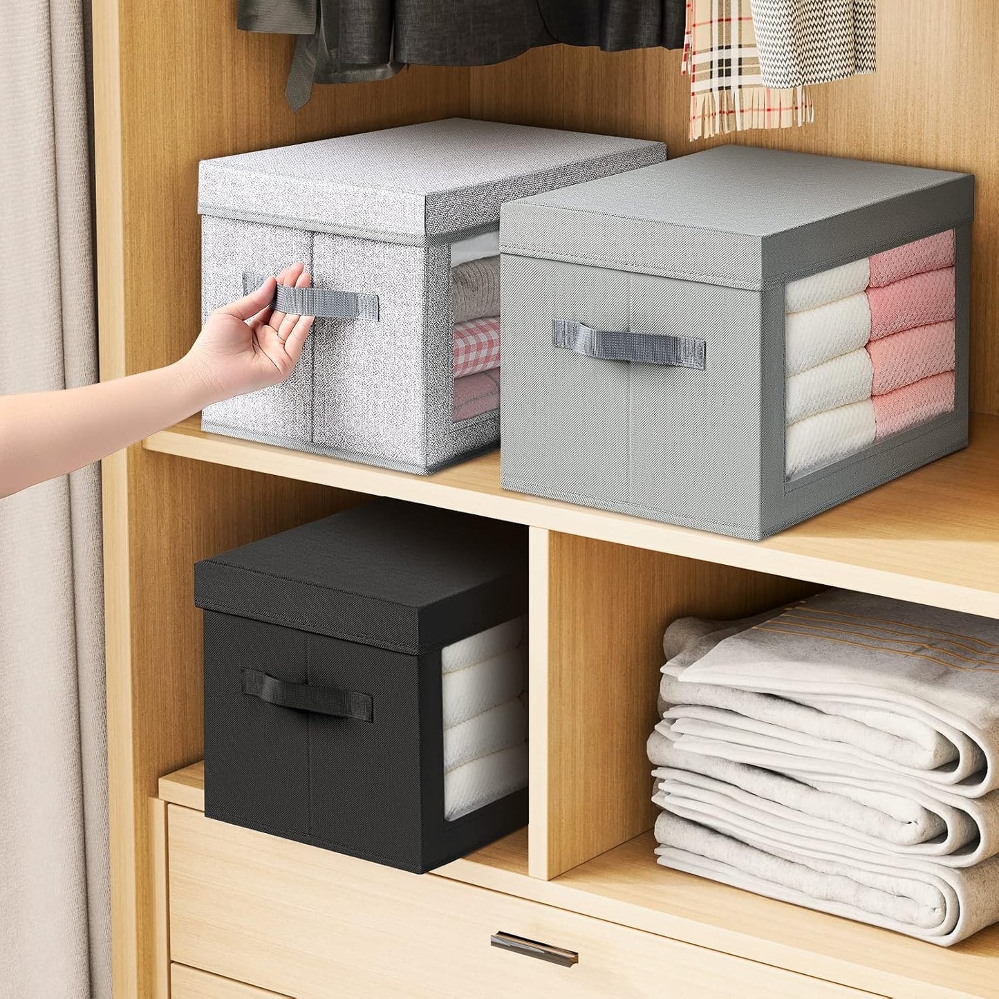 Large Storage Bins with Lids - Fabric Storage Cubes with Window, Foldable Storage Boxes for Clothes, Closet Organizers and Storage Bins for Bedroom, Dorm, Office, Light Grey