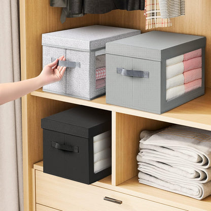 Large Storage Bins with Lids - Fabric Storage Cubes with Window, Foldable Storage Boxes for Clothes, Closet Organizers and Storage Bins for Bedroom, Dorm, Office, Light Grey