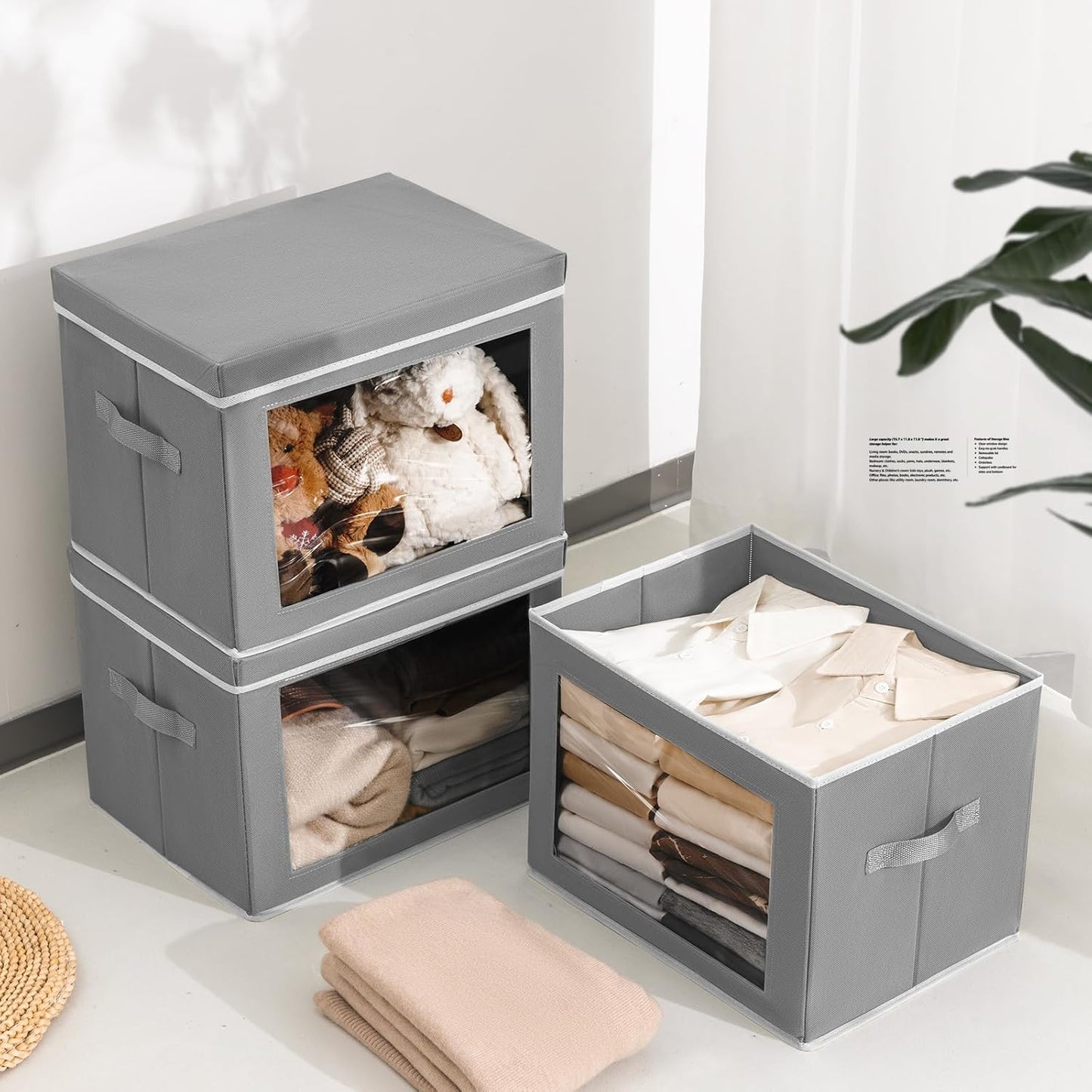 Large Storage Bins with Lids - Fabric Storage Cubes with Window, Foldable Storage Boxes for Clothes, Closet Organizers and Storage Bins for Bedroom, Dorm, Office, Light Grey