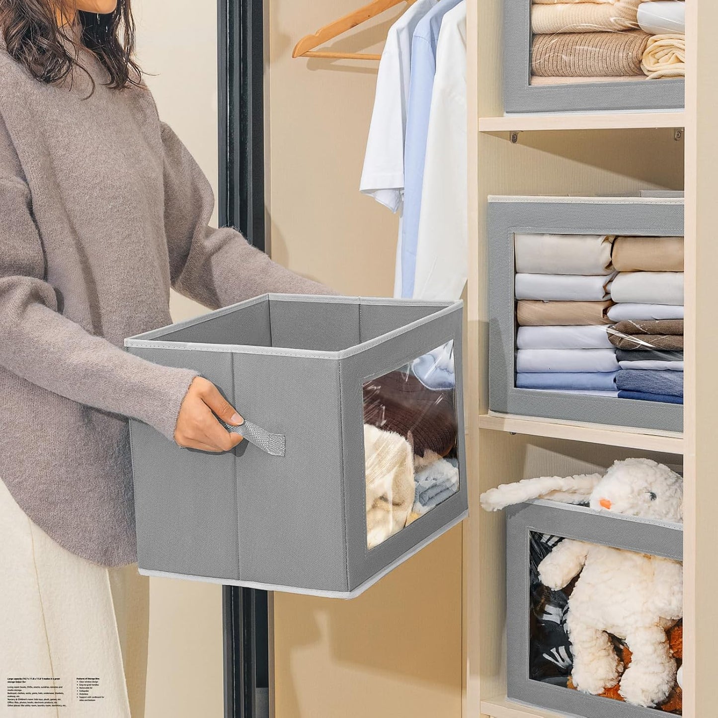Large Storage Bins with Lids - Fabric Storage Cubes with Window, Foldable Storage Boxes for Clothes, Closet Organizers and Storage Bins for Bedroom, Dorm, Office, Light Grey