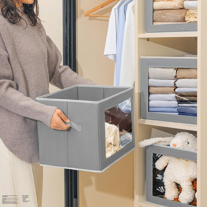 Large Storage Bins with Lids - Fabric Storage Cubes with Window, Foldable Storage Boxes for Clothes, Closet Organizers and Storage Bins for Bedroom, Dorm, Office, Light Grey