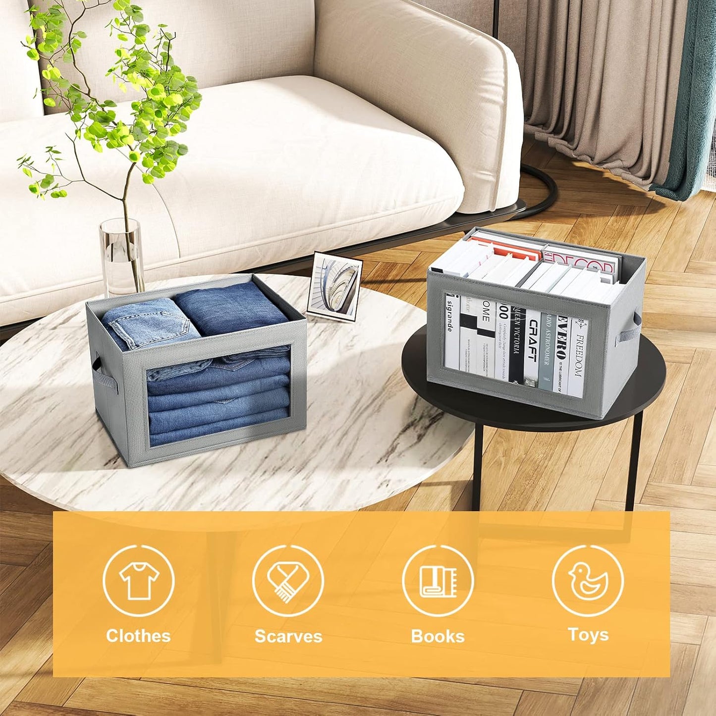 Large Storage Bins with Lids - Fabric Storage Cubes with Window, Foldable Storage Boxes for Clothes, Closet Organizers and Storage Bins for Bedroom, Dorm, Office, Light Grey