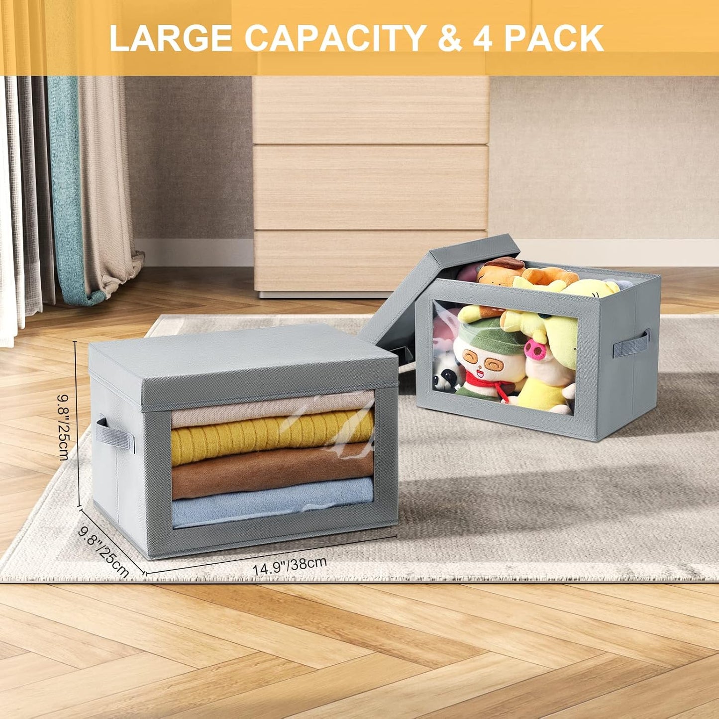 Large Storage Bins with Lids - Fabric Storage Cubes with Window, Foldable Storage Boxes for Clothes, Closet Organizers and Storage Bins for Bedroom, Dorm, Office, Light Grey