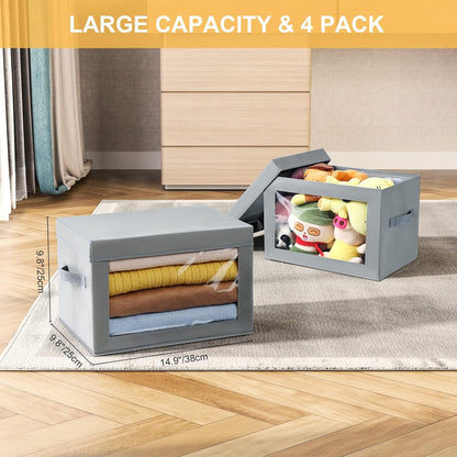 Large Storage Bins with Lids - Fabric Storage Cubes with Window, Foldable Storage Boxes for Clothes, Closet Organizers and Storage Bins for Bedroom, Dorm, Office, Light Grey
