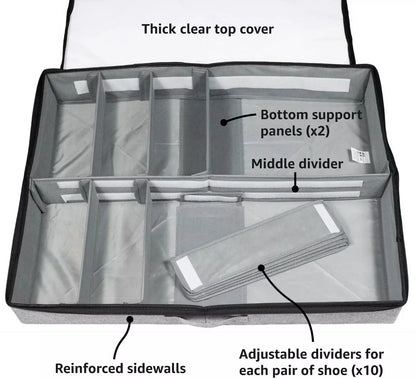 Under Bed Shoe Organizer Bag Hard Solid Fabric With Clear Plastic Zip Cover